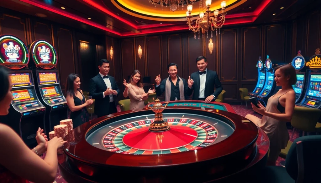 Players enjoy an exhilarating game at the rr88 casino roulette table, surrounded by excitement.