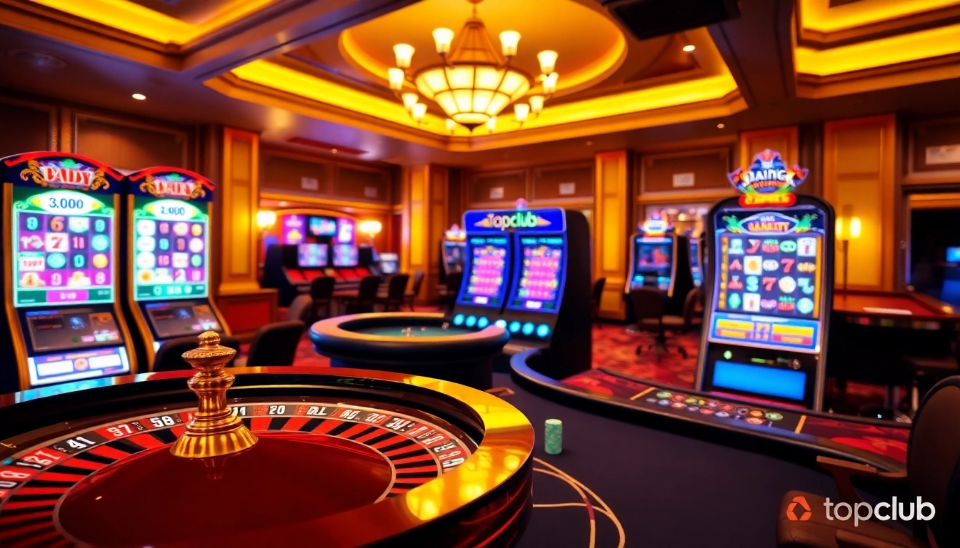 Players engaging on https://topclub.site/ in a vibrant online casino filled with roulette wheels and poker chips.