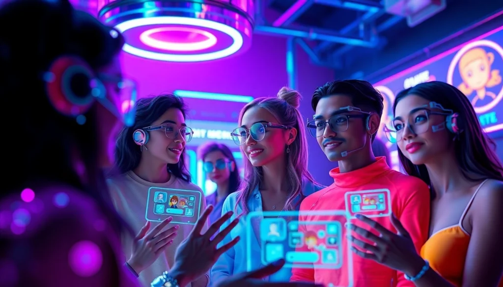 Engaging ai porn chat scene with futuristic AI avatars in vibrant virtual space.