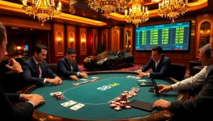 Players enjoying a high-stakes poker game at a luxury casino featuring S8-themed elements.