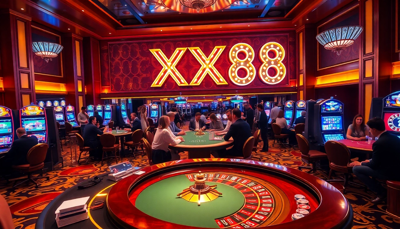 Players enjoying intense games at XX88, featuring poker tables, roulette wheels, and vibrant slot machines.