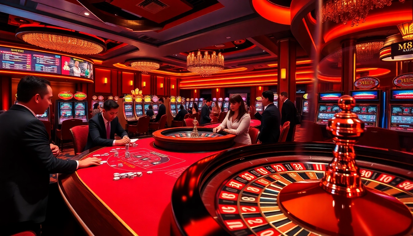 HM88 casino table with players joyfully betting on poker and roulette.