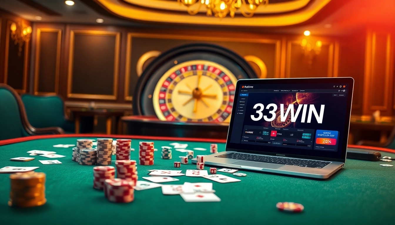 Experience high-stakes excitement at 33WIN's luxurious casino table with cards and dice.