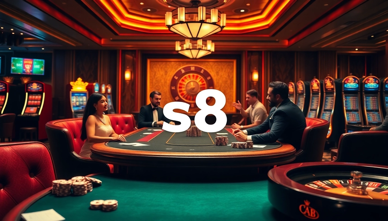 Players engaging in a high-stakes poker game at S8 casino, with chips and cards creating an exciting atmosphere.