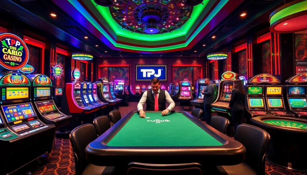 TPJ casino scene featuring vibrant gaming tables, engaging players, and professional dealers.