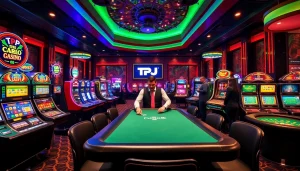 TPJ casino scene featuring vibrant gaming tables, engaging players, and professional dealers.