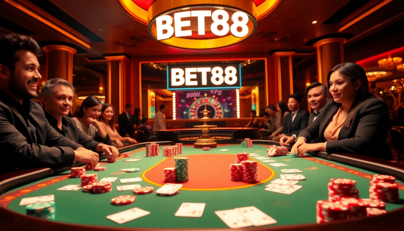 Experience the exciting ambiance of a casino with vibrant BET88 poker games and roulette.