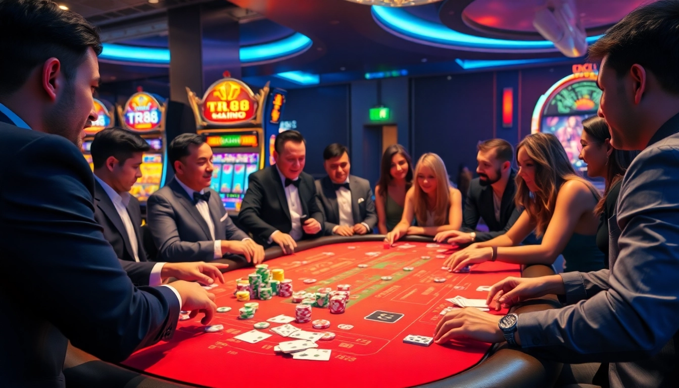 Engaging players at the TR88 casino table with vibrant chips and cards.