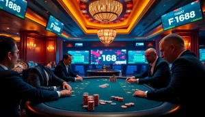 Experience the thrill of F168 with vibrant poker action at a stylish casino table.
