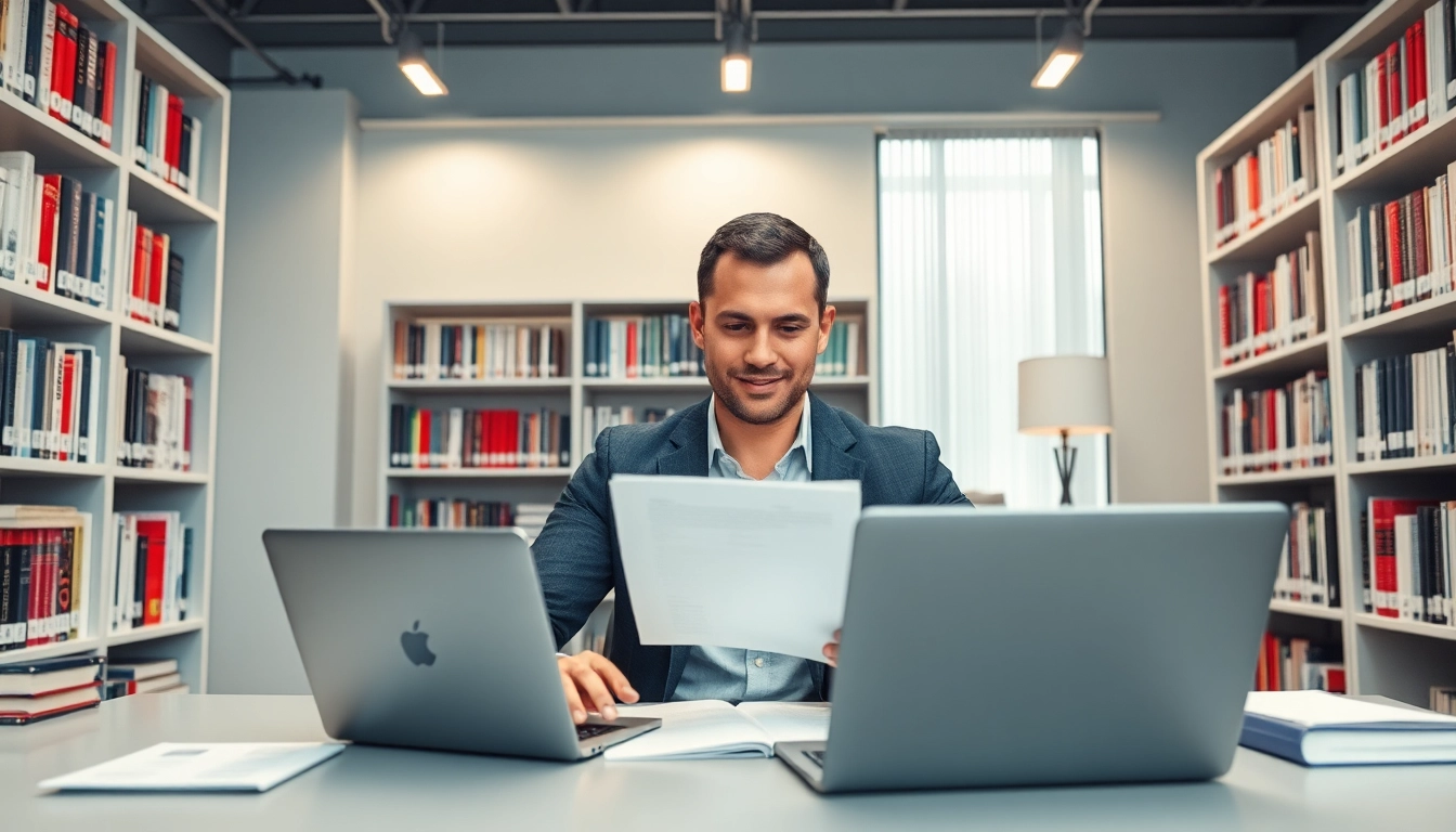 Ein beeidigter Übersetzer arbeitet gewissenhaft an einem modernen Schreibtisch mit Dokumenten und Zertifizierungssiegel.