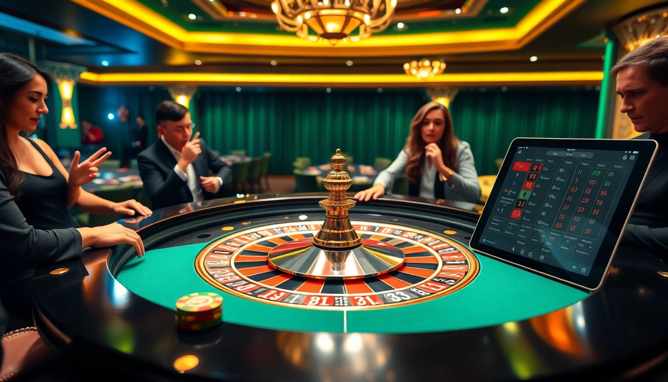 Link vào FABET showcasing a thrilling casino experience with players at a roulette table.