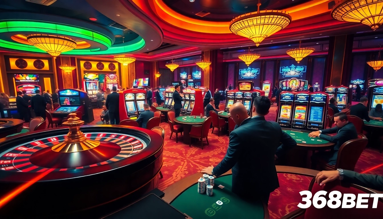 Players engaging in intense gambling action at Nhà cái 368BET casino with vibrant tables and thrilling atmosphere.