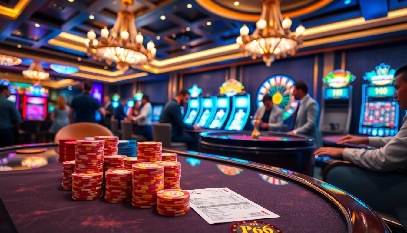 Gaming excitement at PG66 casino with players at a poker table and a spinning roulette wheel.