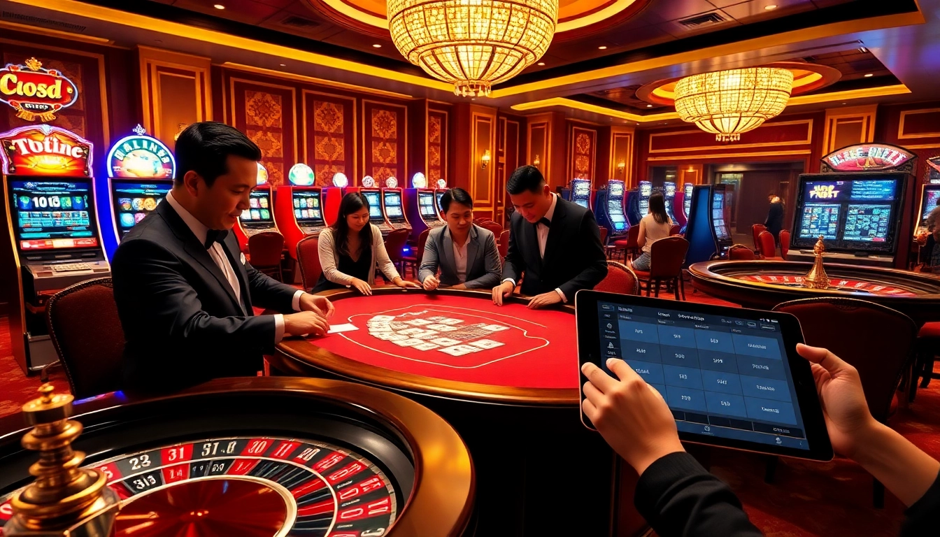 Experience the excitement at Nhà cái SV388 with a luxurious casino atmosphere featuring vibrant gambling elements.