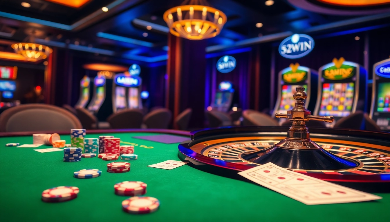 Engaged players at a 52WIN casino table with lively poker chips and a roulette wheel.