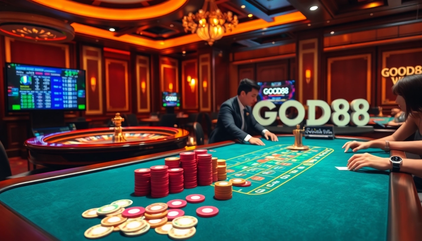Exciting gameplay at GOOD88 with poker chips and cards on a luxurious casino table.