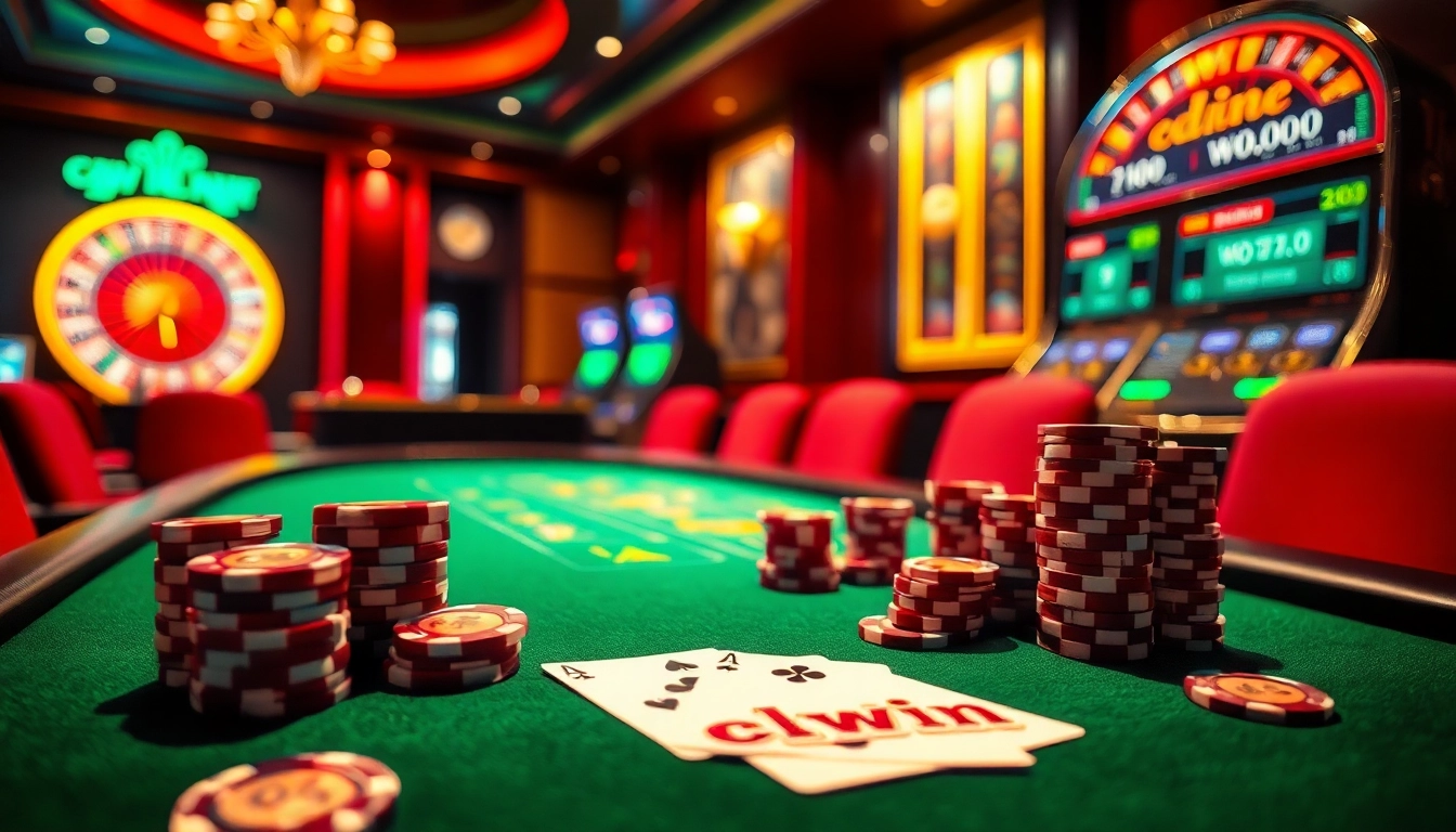 Exciting casino scene featuring a luxurious poker table and a roulette wheel, emphasizing cwin.