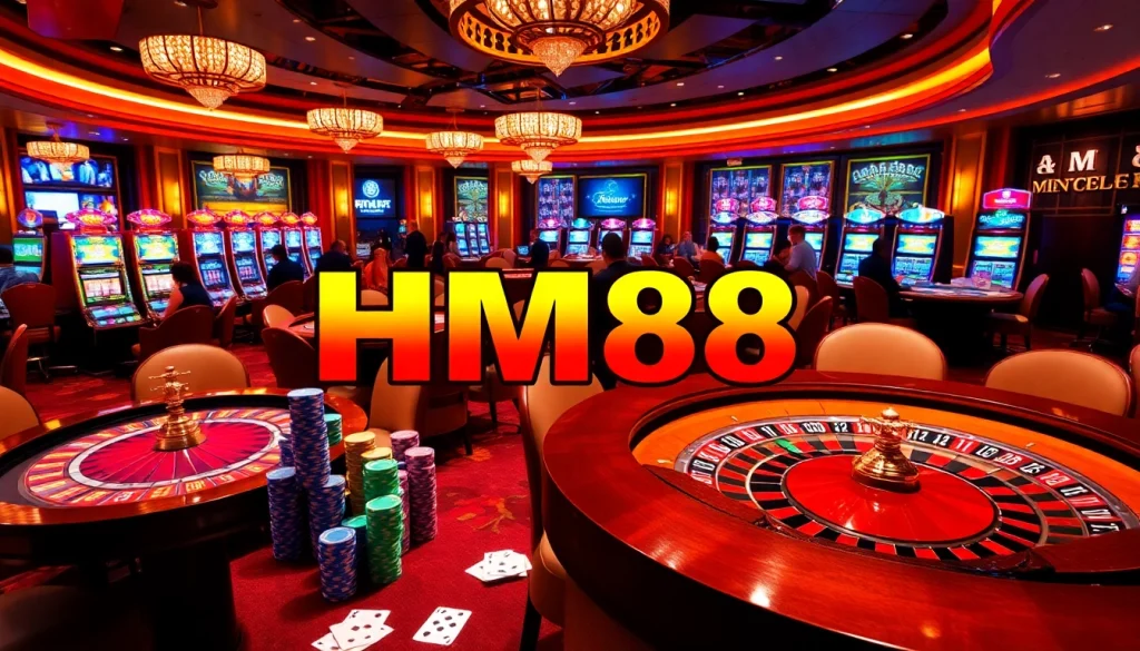 Players engaging at an HM88 casino table under warm lights, showcasing vibrant poker chips and a roulette wheel.