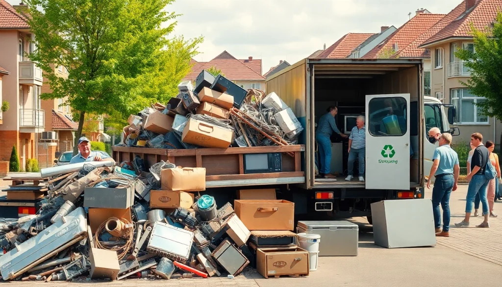 Effizientes Schrottabholung Düsseldorf-Team sammelt Schrottmetalle und Haushaltsgeräte in einer freundlichen städtischen Umgebung.