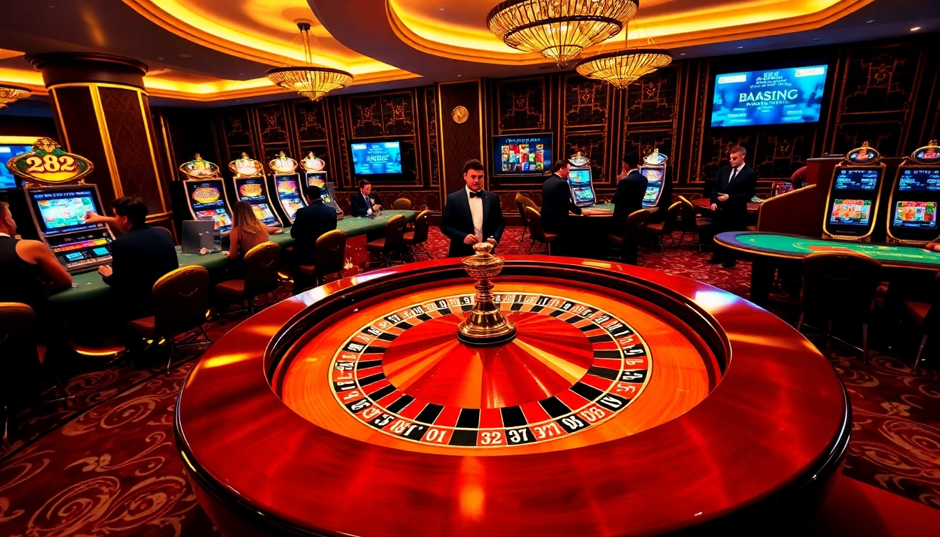 Experience the thrill of gambling at https://kjc.money/ with a luxurious casino scene showcasing roulette and poker action.