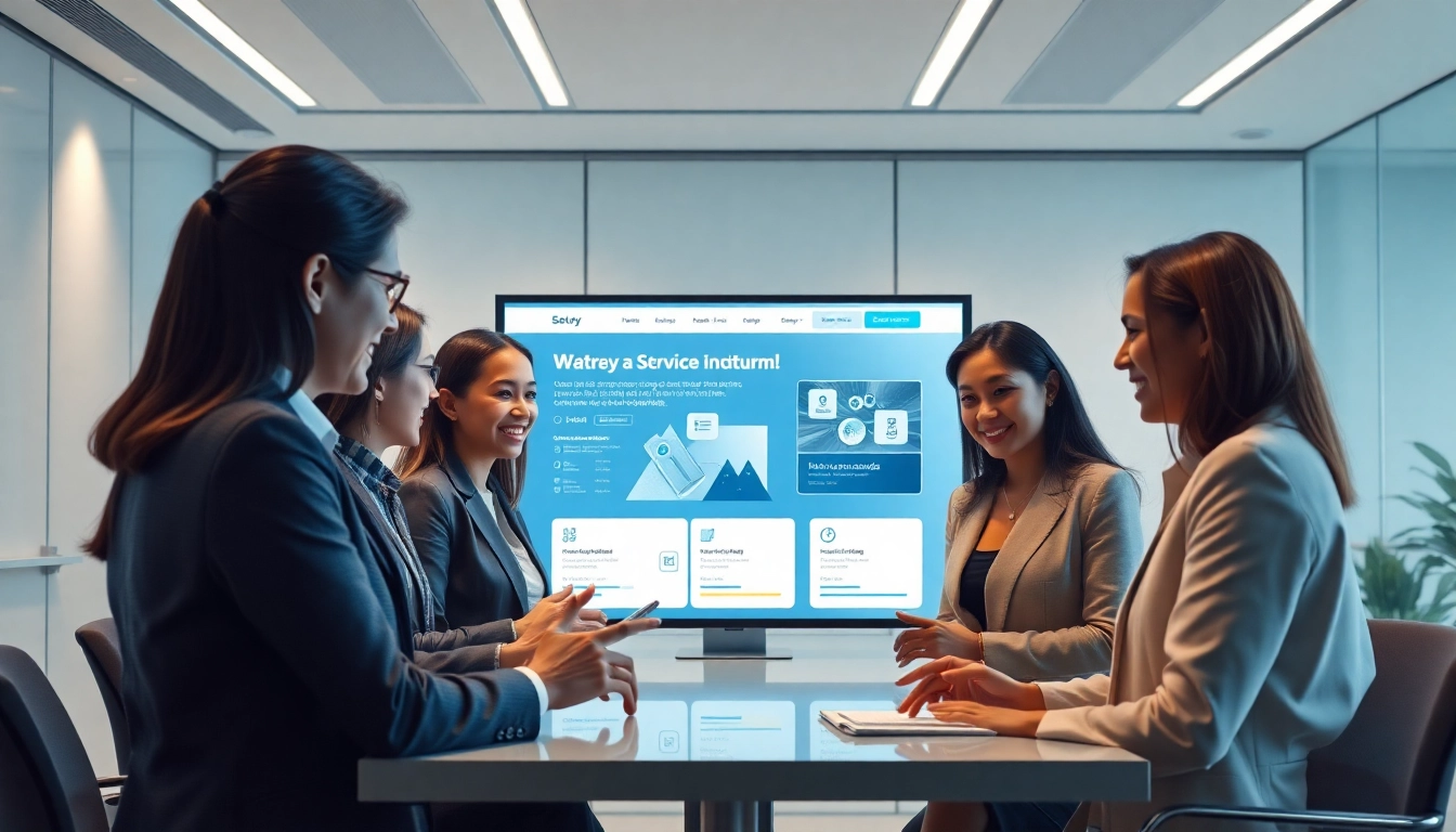 创新团队在现代办公室探索美洽官网功能，展示AI客服解决方案。