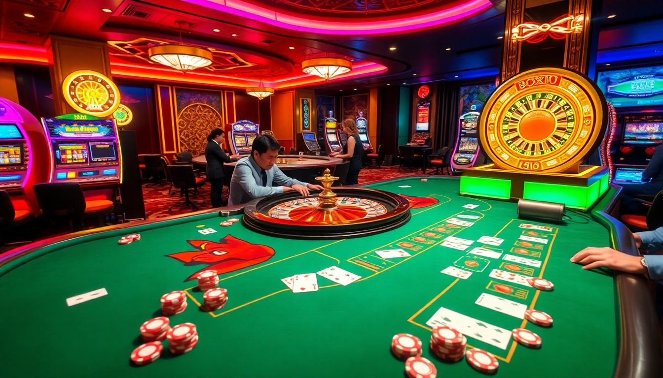 Experience thrilling gameplay at a luxurious casino with gamebaidoithuong elements, showcasing vibrant tables and slot machines.