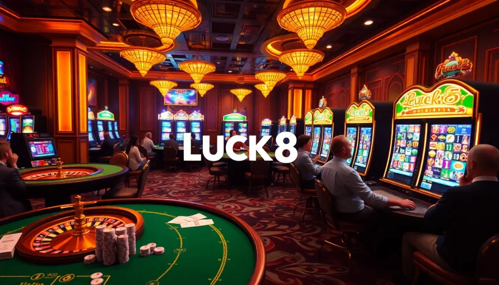 Người chơi tận hưởng trải nghiệm chơi game đắm chìm với máy slot LUCK8 và bàn casino sống động trong không gian sang trọng.