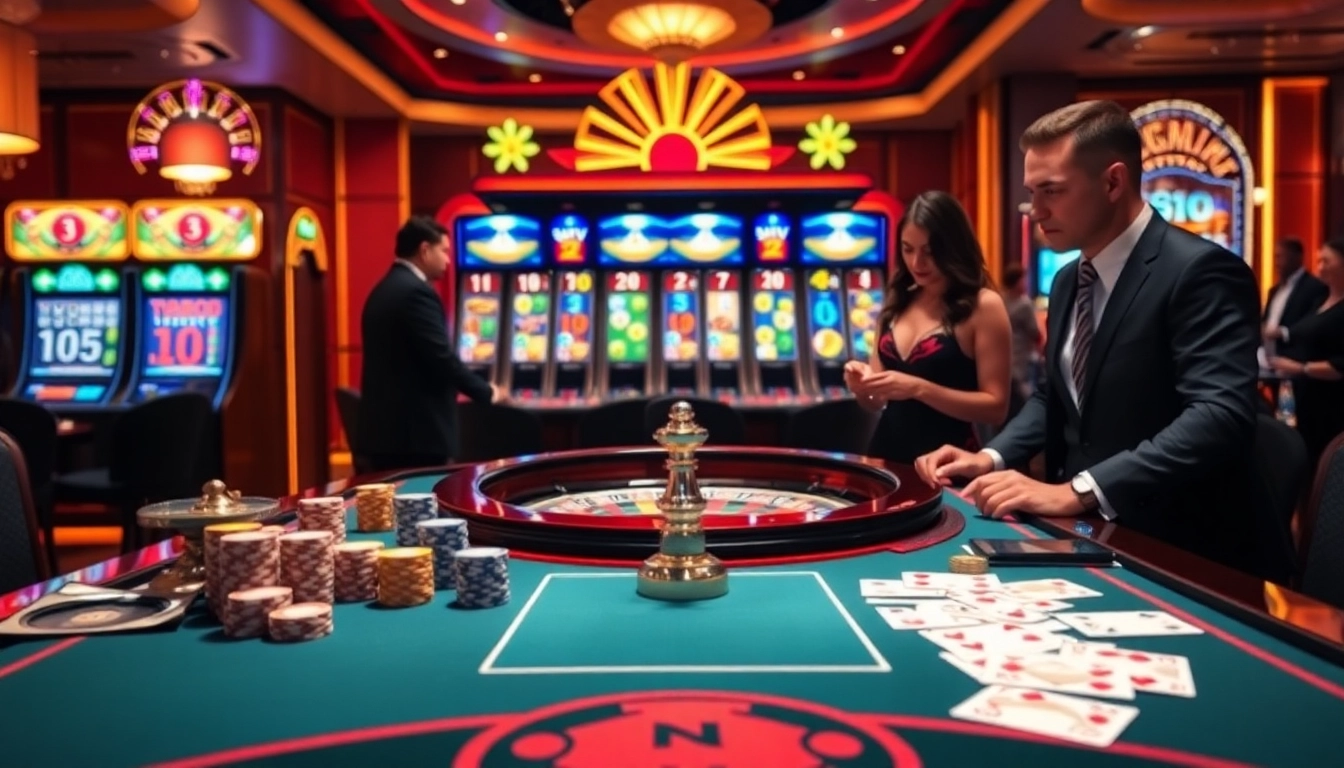 Exciting casino scene showcasing BDTK1 gameplay with vibrant tables, chips, and players.