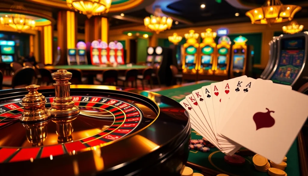 Engaging casino atmosphere with roulette, poker tables, and ok8386 theme for online gambling excitement.