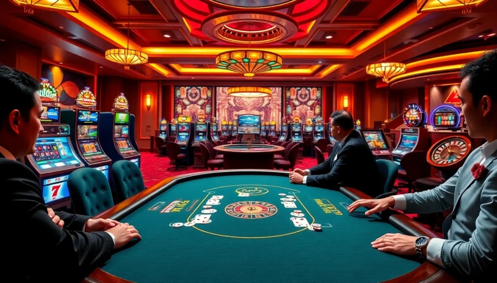 DOLA789 players engaging in a high-stakes poker game at a luxurious online casino.