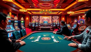 DOLA789 players engaging in a high-stakes poker game at a luxurious online casino.