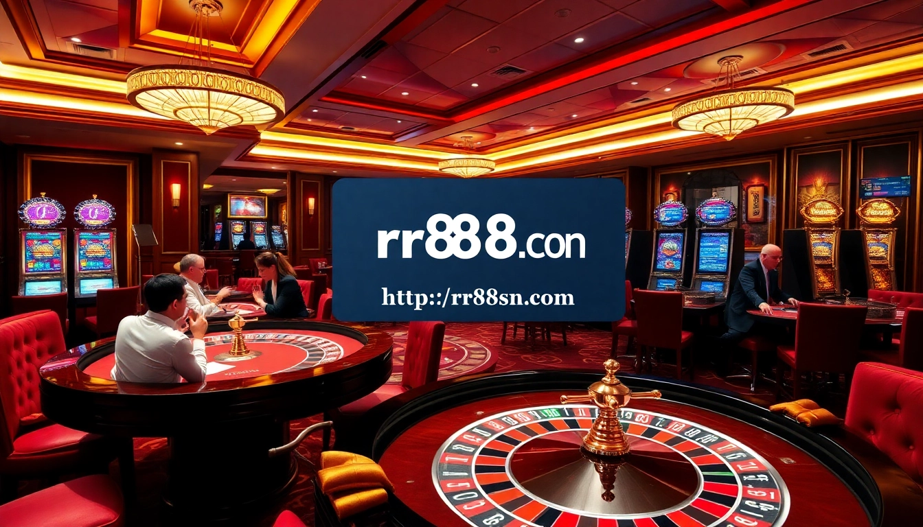 Gambling action at RR88, showcasing roulette, slots, and engaged players at https://rr88sn.com/ with vibrant casino ambiance.