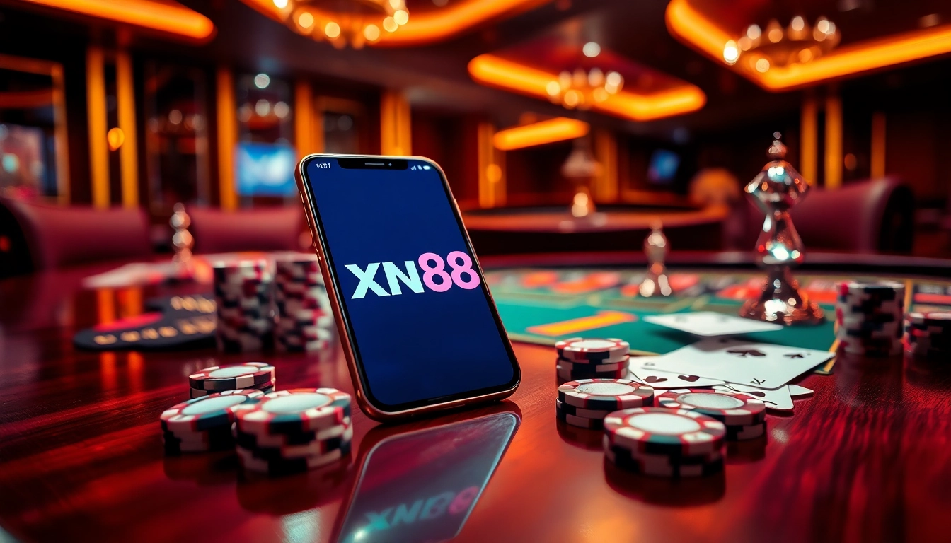 Experience the xn88 app amidst a vibrant casino scene filled with roulette wheels and poker chips.