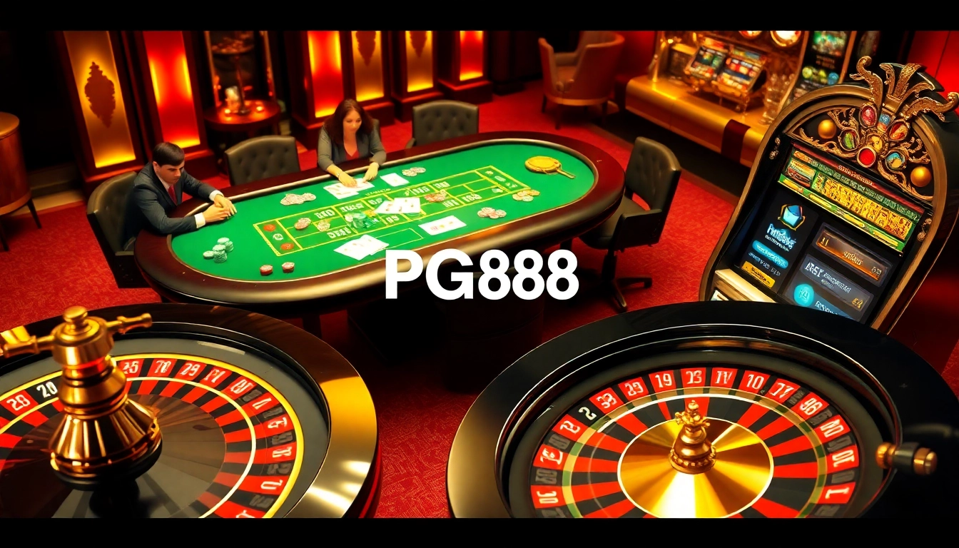 Experience the thrill of PG88 casino with vibrant poker tables and spinning roulette.