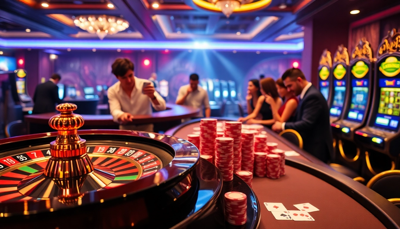 Experience the excitement of gambling at NOHU90 with vibrant casino visuals showcasing roulette, poker, and slots.