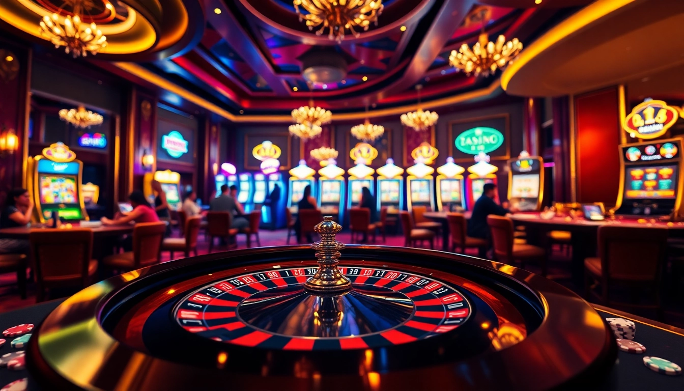 RR88 casino scene showcasing luxury gaming, excitement at roulette and slots.