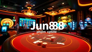 Engaging gameplay at Jun88 phiên bản 2 casino, featuring baccarat and slot machines in an upscale environment.