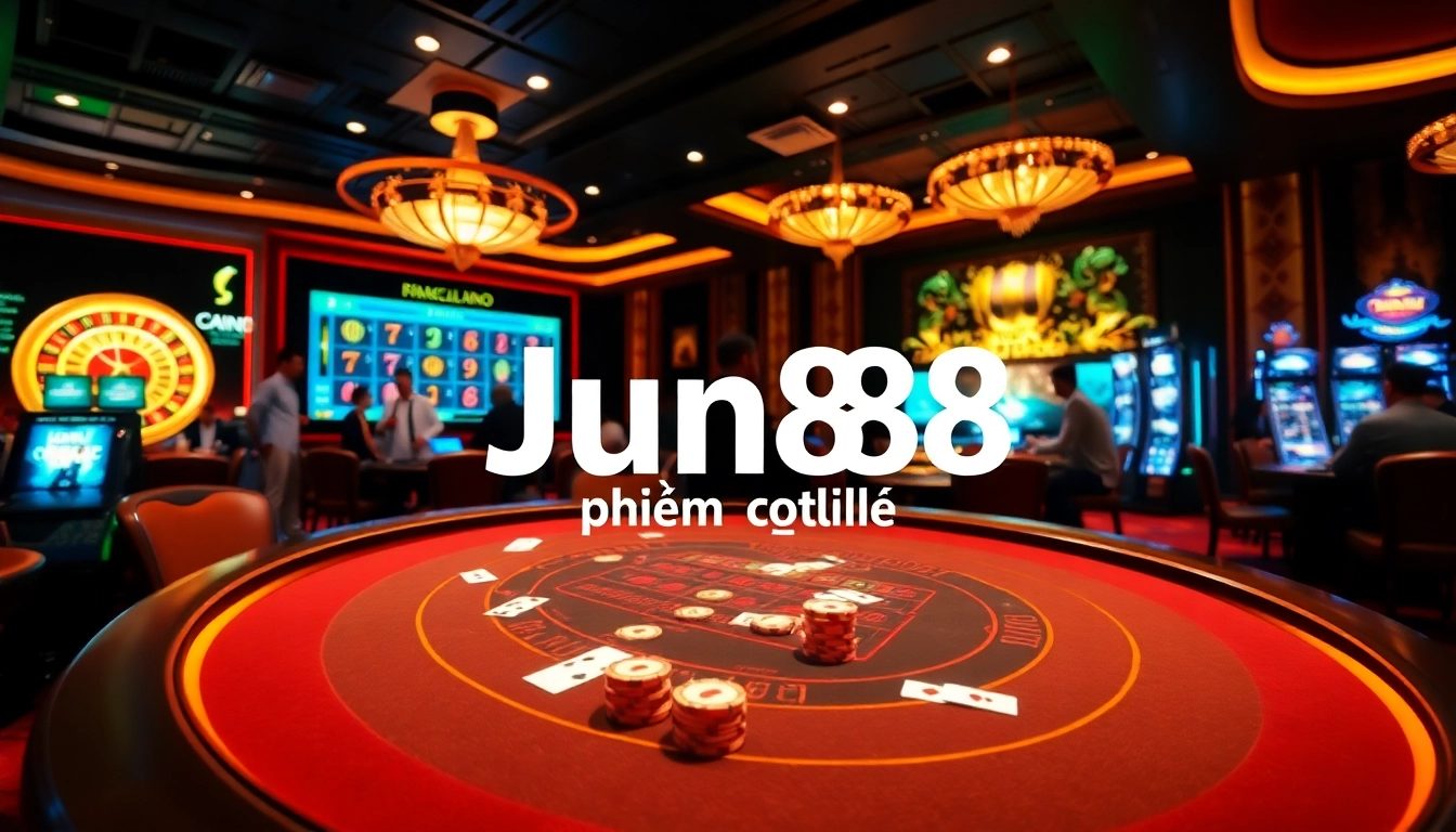 Engaging gameplay at Jun88 phiên bản 2 casino, featuring baccarat and slot machines in an upscale environment.