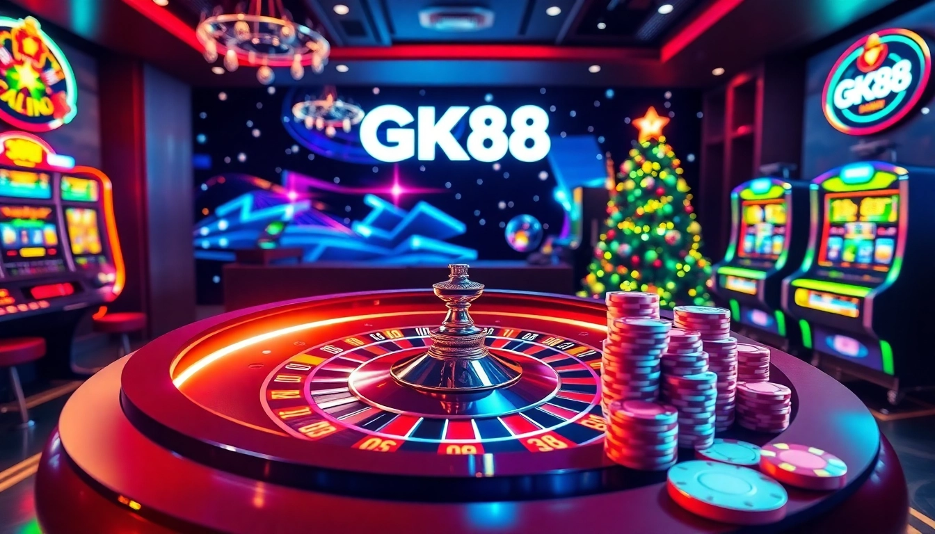 GK88 online gambling experience with festive elements, roulette wheel, and vibrant casino atmosphere.
