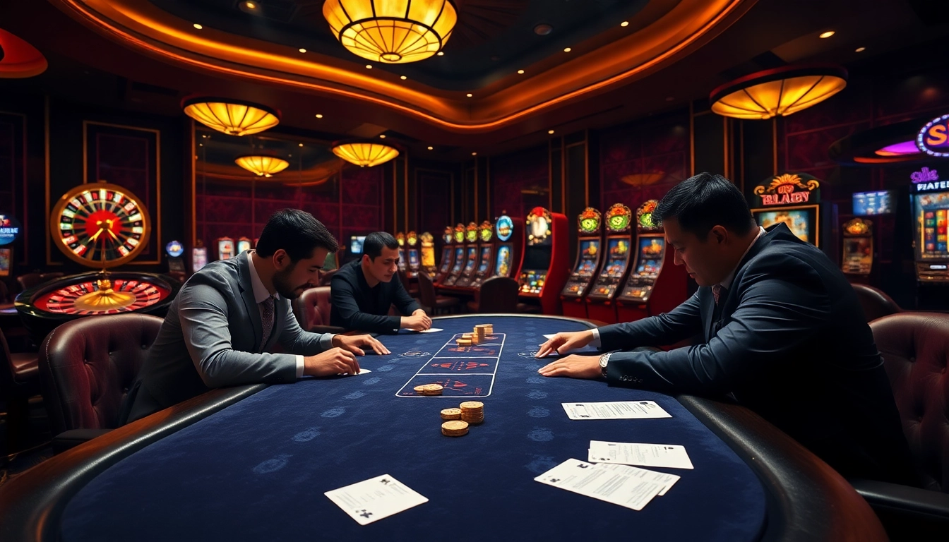 FLY88 table showing intense poker action amidst luxurious casino ambiance.