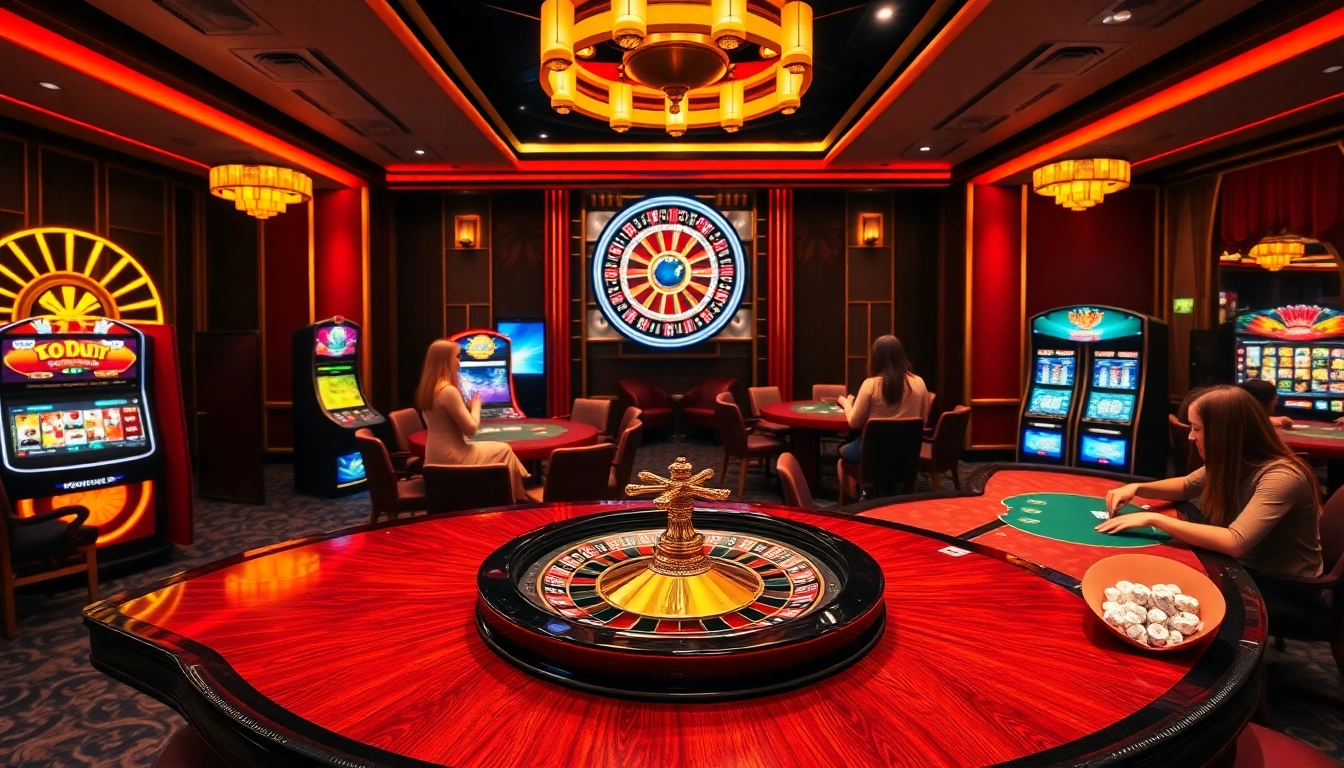 Engaging scene of players winning at cổng game 789club with vibrant roulette and slot machines.