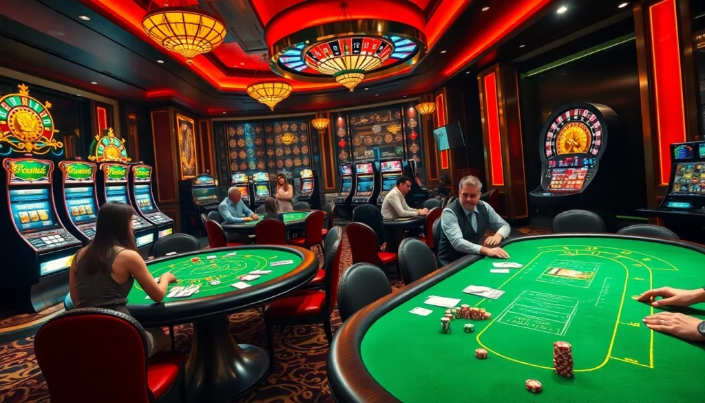 Engaging casino scene with poker tables and vibrant slot machines illustrating JL55 excitement.