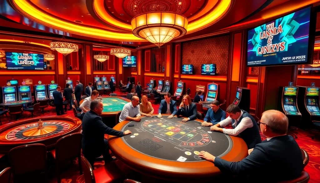 View of an exciting casino scene featuring strategic players at poker tables, highlighting https://jun88.pizza/ gaming atmosphere.