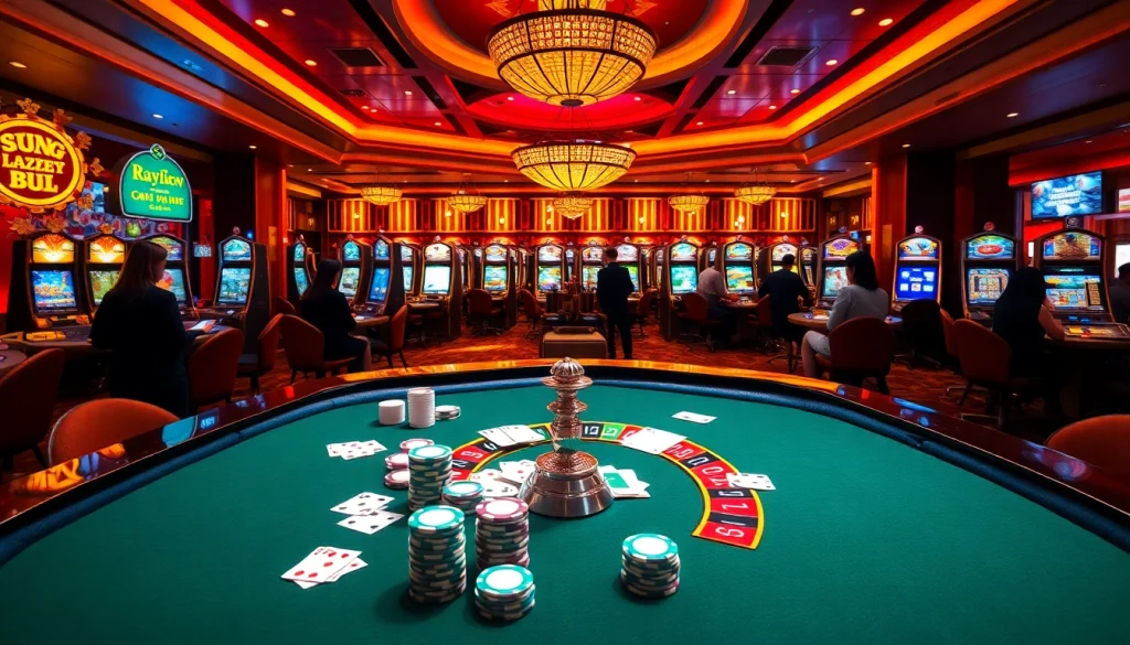 The cổng game 789club vibrant gaming scene showcasing rich poker chips and roulette wheels filled with excitement.