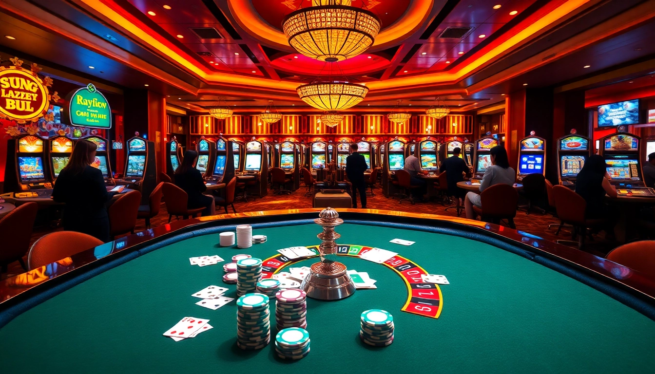 The cổng game 789club vibrant gaming scene showcasing rich poker chips and roulette wheels filled with excitement.