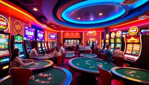 Go8 online casino with vibrant gaming atmosphere featuring poker tables and slot machines.