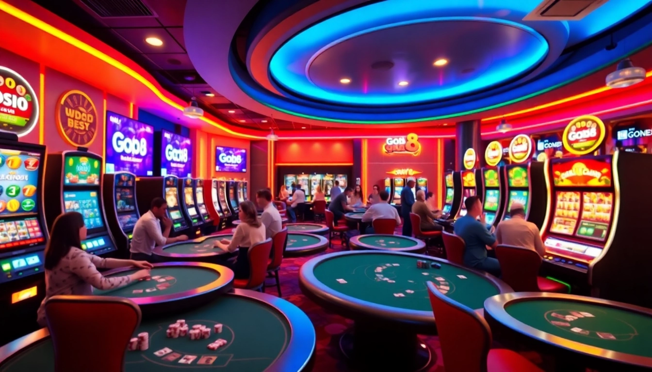 Go8 online casino with vibrant gaming atmosphere featuring poker tables and slot machines.