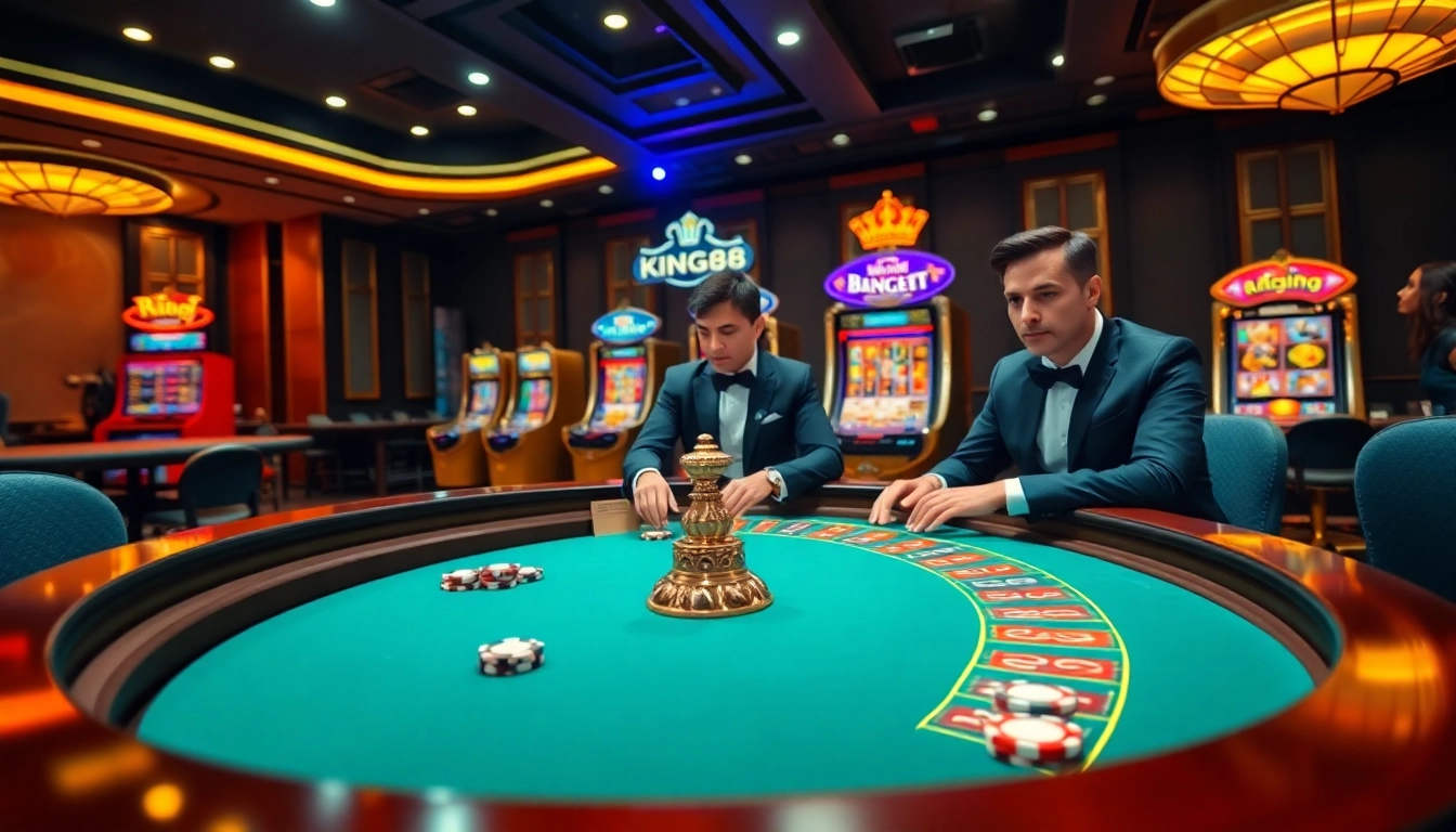 Casual gamblers winning big at king88 casino roulette table amidst luxury.