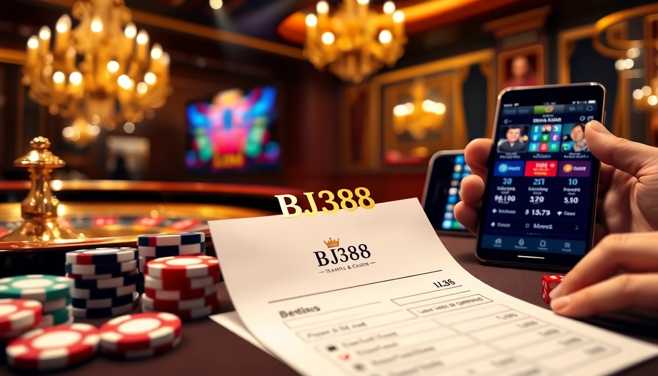 BJ388 logo displayed prominently on a luxurious gambling interface with poker chips and a roulette wheel.