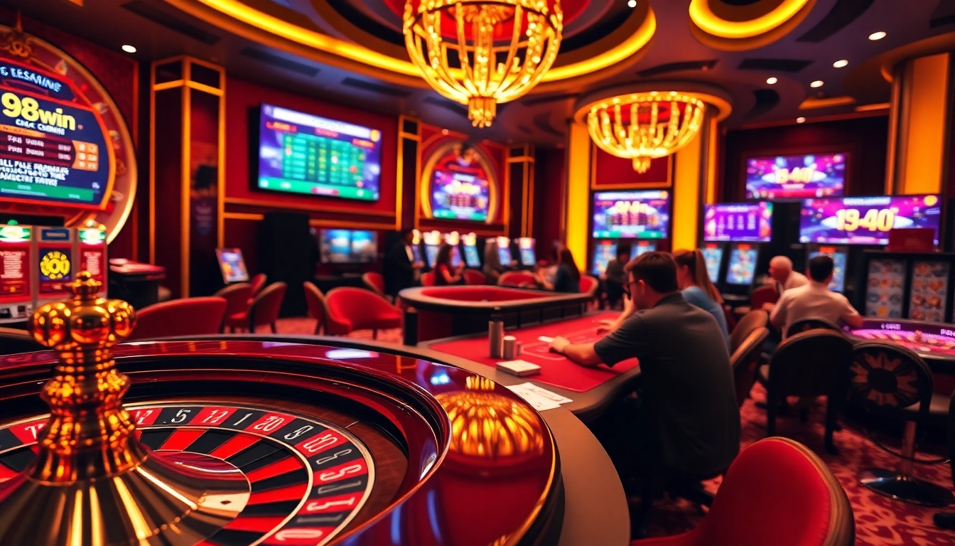 Experience the excitement of game 98win with vibrant casino visuals showcasing roulette and poker.